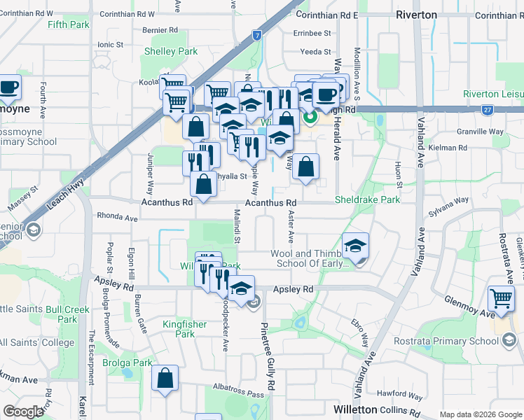 map of restaurants, bars, coffee shops, grocery stores, and more near 4 Noble Street in Willetton