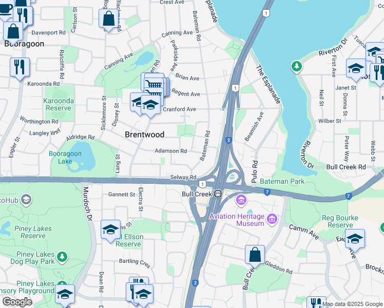 map of restaurants, bars, coffee shops, grocery stores, and more near 7A Adamson Road in Brentwood
