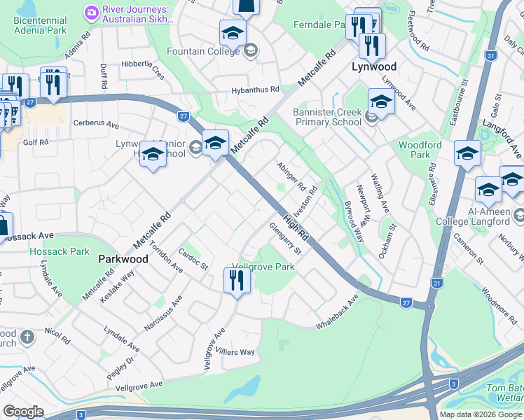 map of restaurants, bars, coffee shops, grocery stores, and more near 60 Romney Way in Parkwood