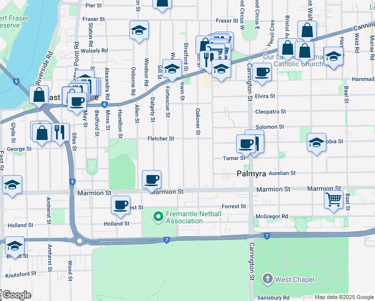 map of restaurants, bars, coffee shops, grocery stores, and more near 58A Irwin Street in East Fremantle