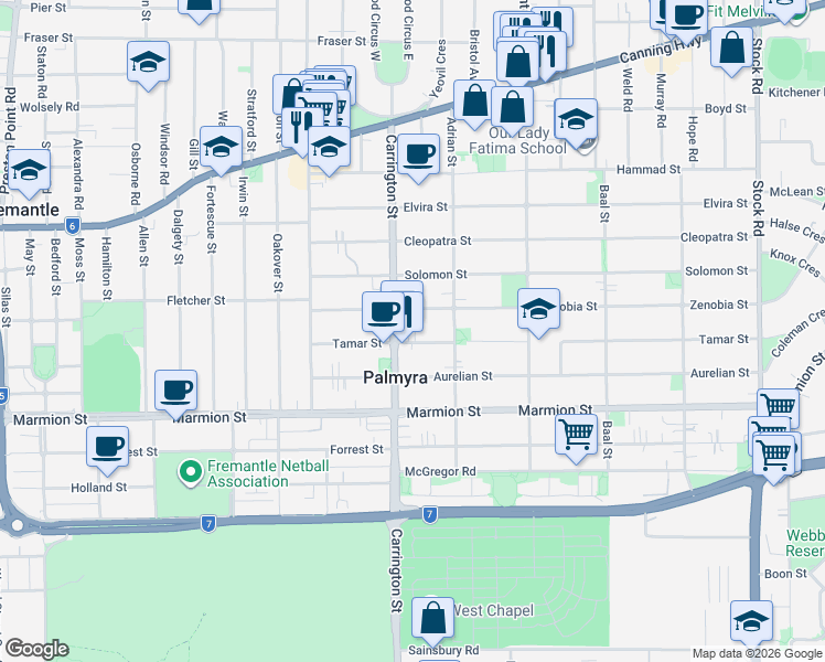 map of restaurants, bars, coffee shops, grocery stores, and more near 19 Tamar Street in Palmyra
