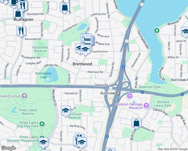 map of restaurants, bars, coffee shops, grocery stores, and more near 21 Durant Way in Brentwood