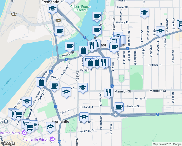 map of restaurants, bars, coffee shops, grocery stores, and more near 54 Hubble Street in East Fremantle