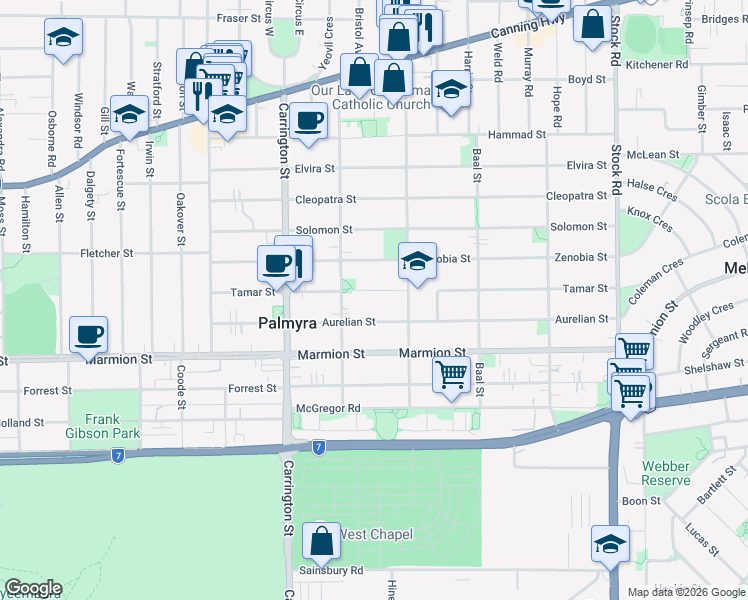 map of restaurants, bars, coffee shops, grocery stores, and more near 42 Tamar Street in Palmyra