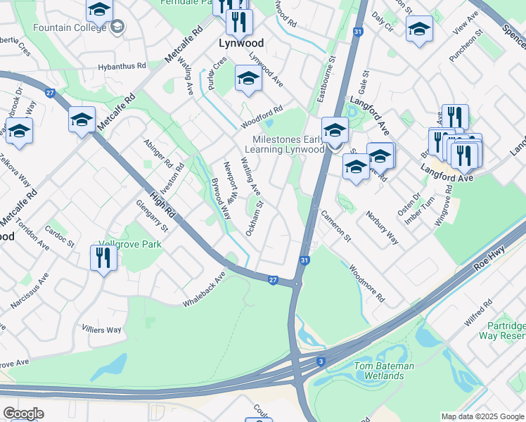 map of restaurants, bars, coffee shops, grocery stores, and more near 4 Ockham Street in Lynwood