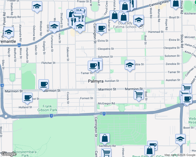 map of restaurants, bars, coffee shops, grocery stores, and more near 66A Carrington Street in Palmyra