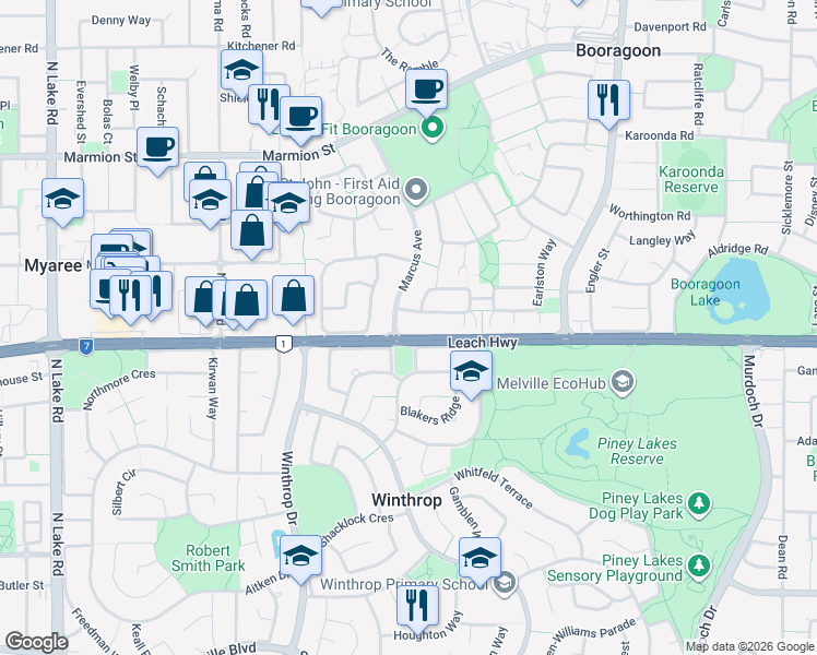 map of restaurants, bars, coffee shops, grocery stores, and more near 1 Marcus Avenue in Booragoon
