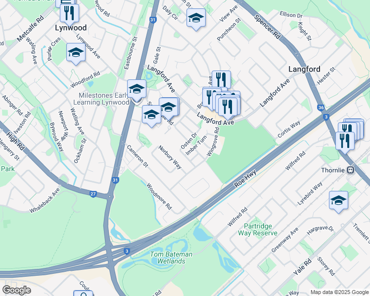 map of restaurants, bars, coffee shops, grocery stores, and more near 23 Osten Drive in Langford