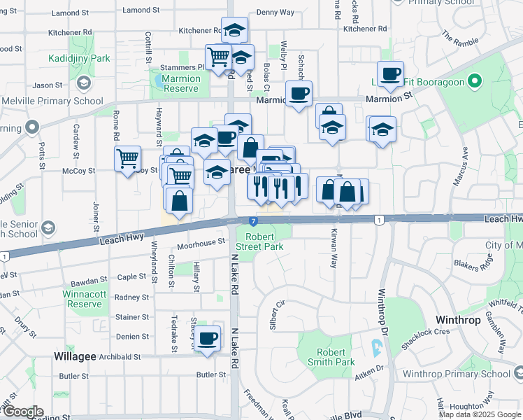 map of restaurants, bars, coffee shops, grocery stores, and more near 224 Leach Highway in Myaree