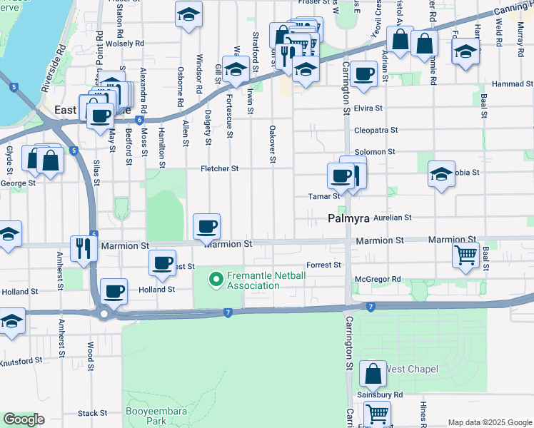 map of restaurants, bars, coffee shops, grocery stores, and more near 75 Oakover Street in East Fremantle