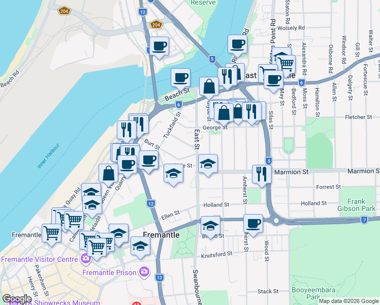 map of restaurants, bars, coffee shops, grocery stores, and more near 50 Burt Street in Fremantle