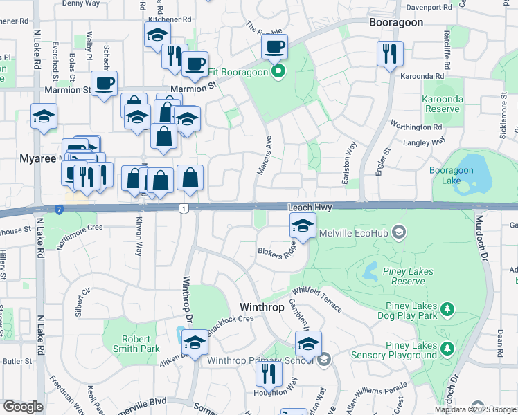 map of restaurants, bars, coffee shops, grocery stores, and more near Leach Highway in Winthrop