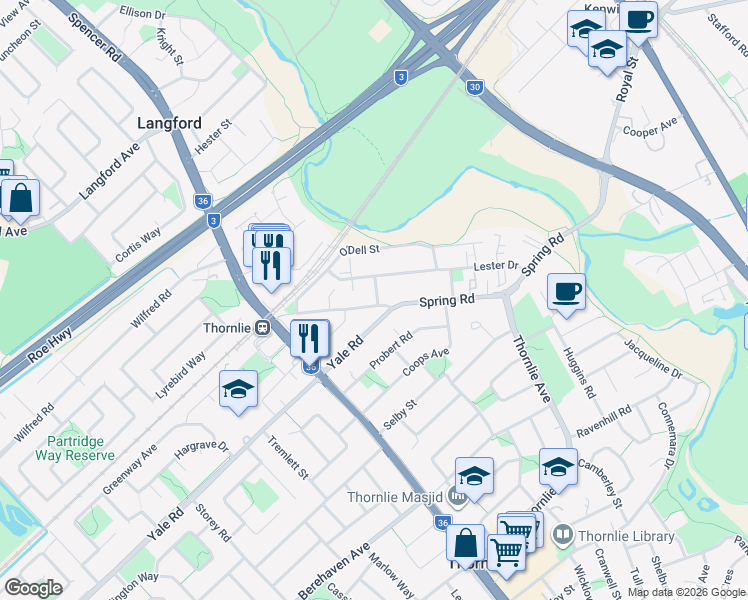 map of restaurants, bars, coffee shops, grocery stores, and more near 79 Spring Road in Thornlie