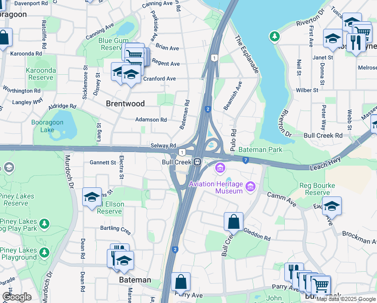 map of restaurants, bars, coffee shops, grocery stores, and more near Leach Highway in Brentwood