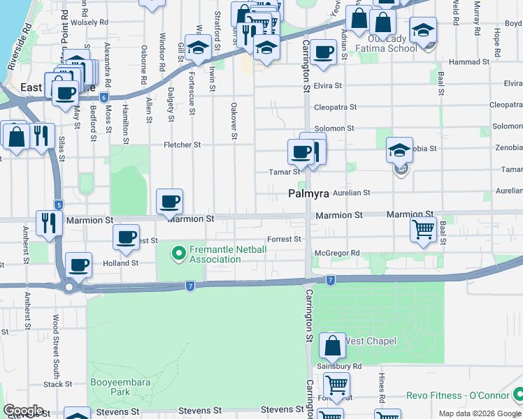 map of restaurants, bars, coffee shops, grocery stores, and more near 4 Petra Street in Palmyra