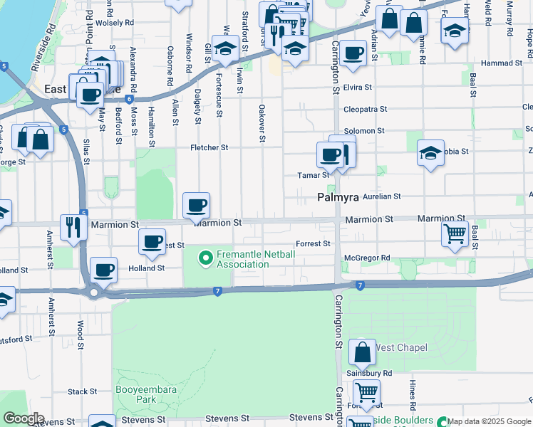 map of restaurants, bars, coffee shops, grocery stores, and more near 86 Oakover Street in East Fremantle
