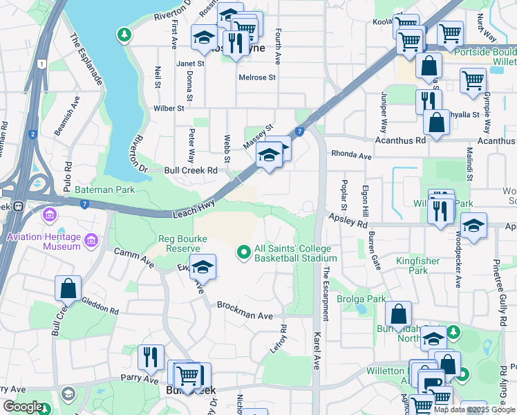 map of restaurants, bars, coffee shops, grocery stores, and more near 50 Brockman Avenue in Bull Creek
