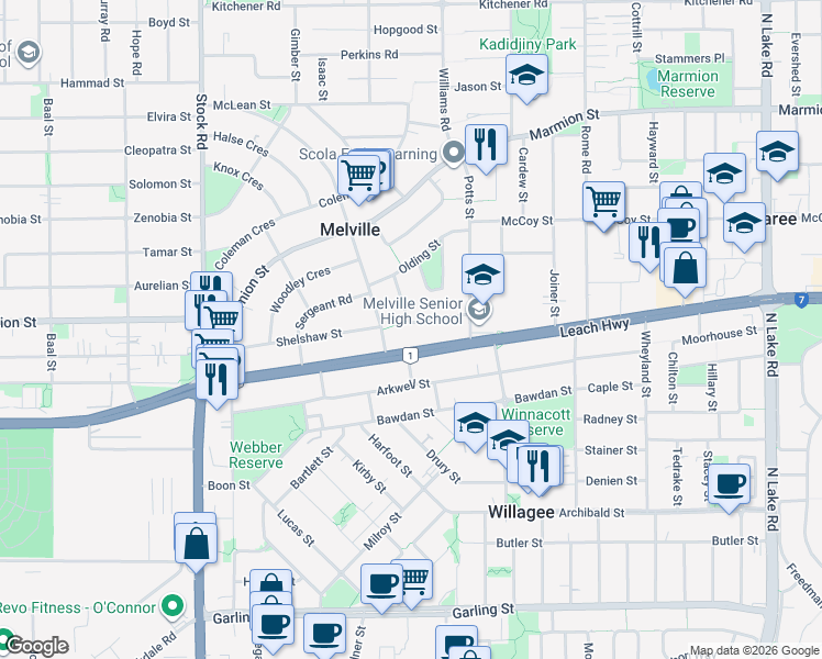 map of restaurants, bars, coffee shops, grocery stores, and more near 17 Windfield Road in Melville
