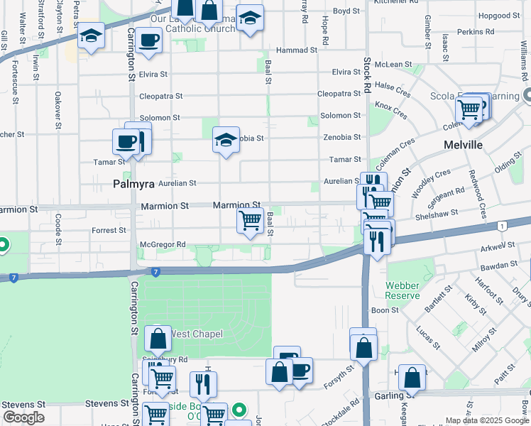 map of restaurants, bars, coffee shops, grocery stores, and more near 53 Baal Street in Palmyra