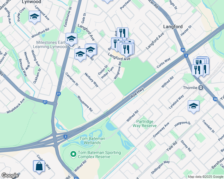 map of restaurants, bars, coffee shops, grocery stores, and more near 51 Meyrick Way in Langford