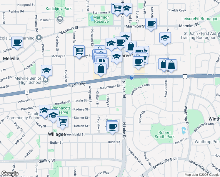 map of restaurants, bars, coffee shops, grocery stores, and more near 16 Moorhouse Street in Willagee