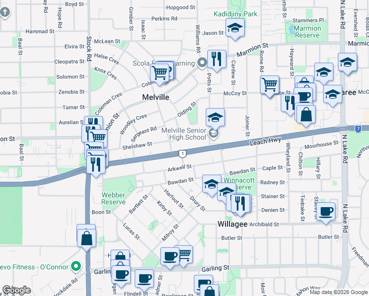 map of restaurants, bars, coffee shops, grocery stores, and more near 124 Leach Highway in Melville