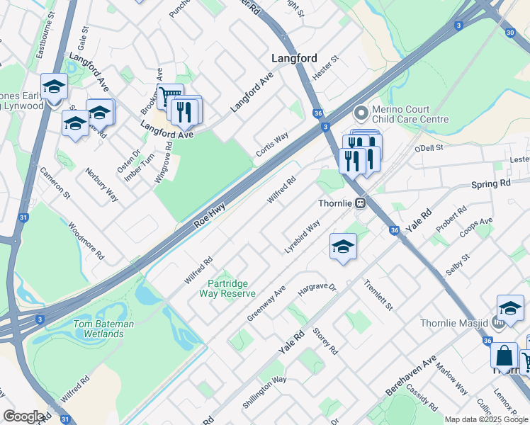 map of restaurants, bars, coffee shops, grocery stores, and more near 46 Wilfred Road in Thornlie