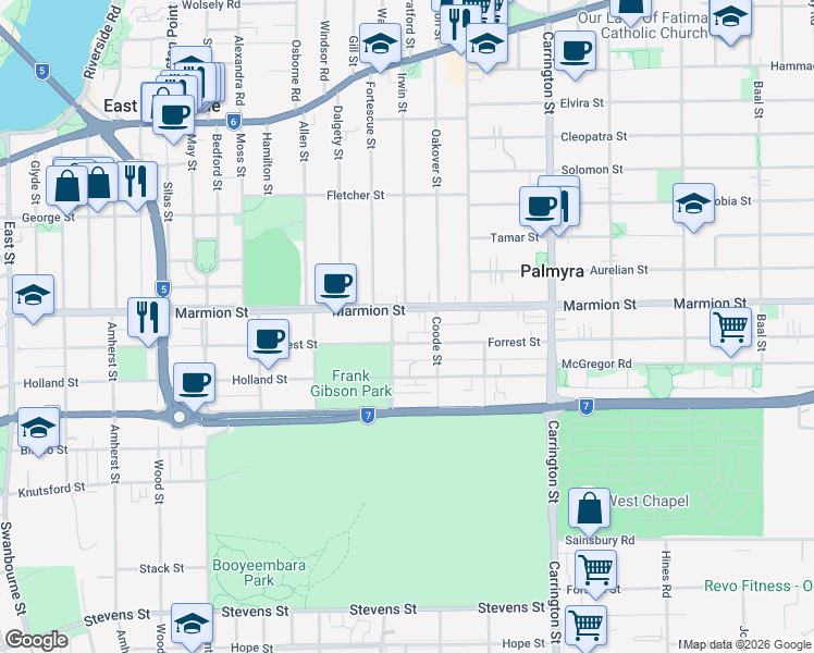 map of restaurants, bars, coffee shops, grocery stores, and more near 148 Forrest Street in Fremantle