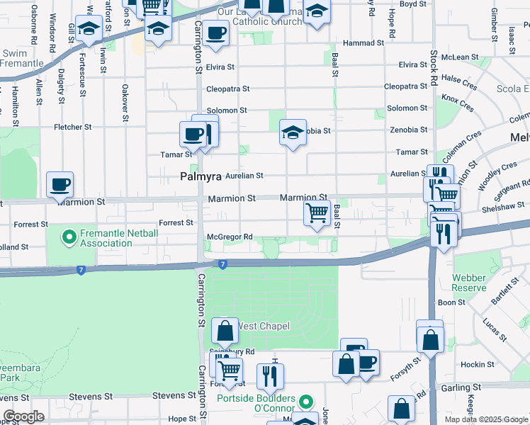 map of restaurants, bars, coffee shops, grocery stores, and more near 208 Forrest Street in Palmyra