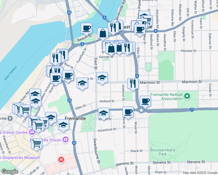map of restaurants, bars, coffee shops, grocery stores, and more near 1 Chalmers Street in Fremantle