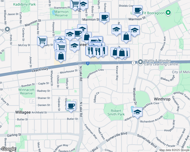 map of restaurants, bars, coffee shops, grocery stores, and more near 4 Mauldon Mews in Winthrop
