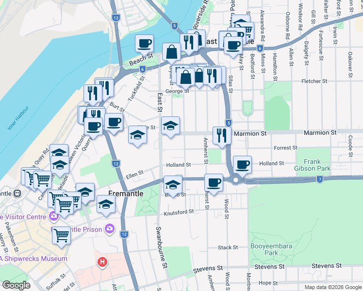 map of restaurants, bars, coffee shops, grocery stores, and more near 10 Forrest Street in Fremantle