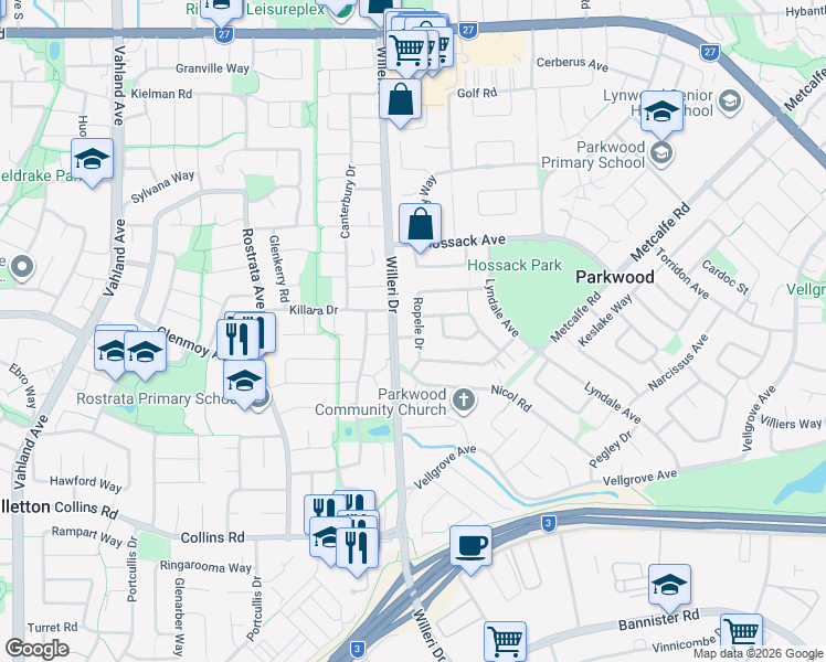map of restaurants, bars, coffee shops, grocery stores, and more near 5 Manus Place in Parkwood
