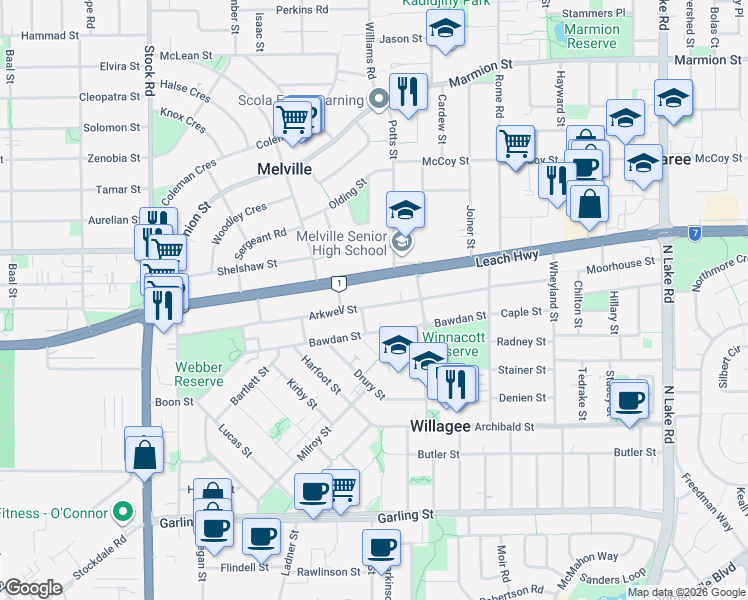 map of restaurants, bars, coffee shops, grocery stores, and more near 46 Arkwell Street in Willagee