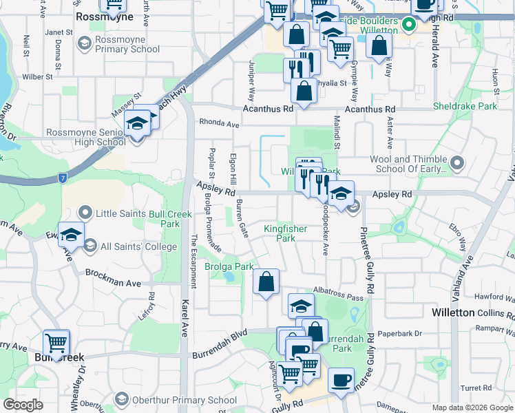 map of restaurants, bars, coffee shops, grocery stores, and more near 8 Falcon Court in Willetton