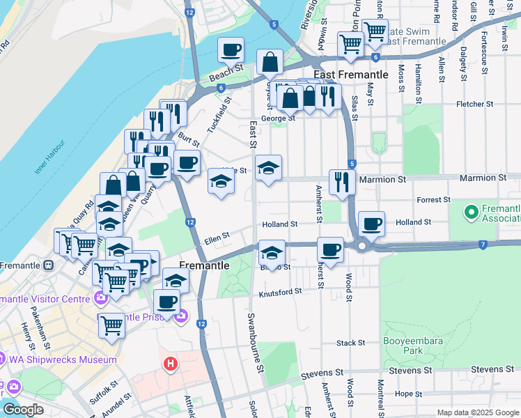 map of restaurants, bars, coffee shops, grocery stores, and more near 1 Forrest Street in Fremantle