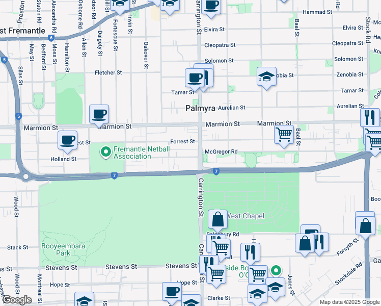 map of restaurants, bars, coffee shops, grocery stores, and more near 180 Holland Street in Fremantle