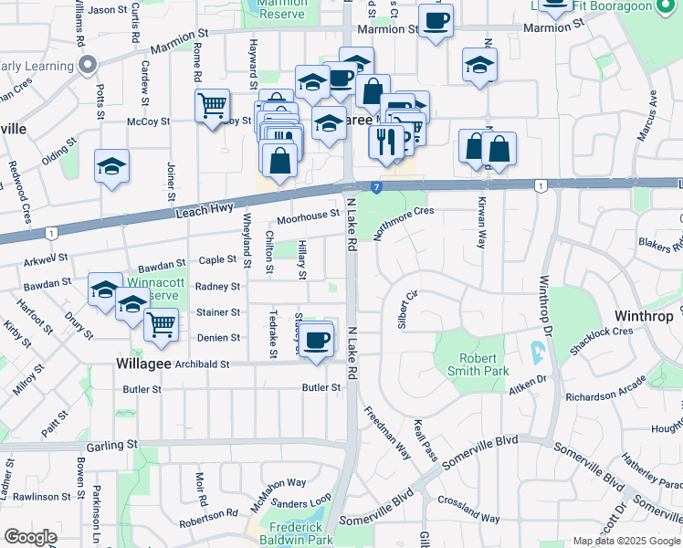 map of restaurants, bars, coffee shops, grocery stores, and more near 137 North Lake Road in Willagee