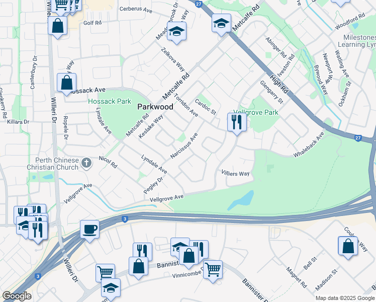 map of restaurants, bars, coffee shops, grocery stores, and more near 3 Ravenslea Drive in Parkwood