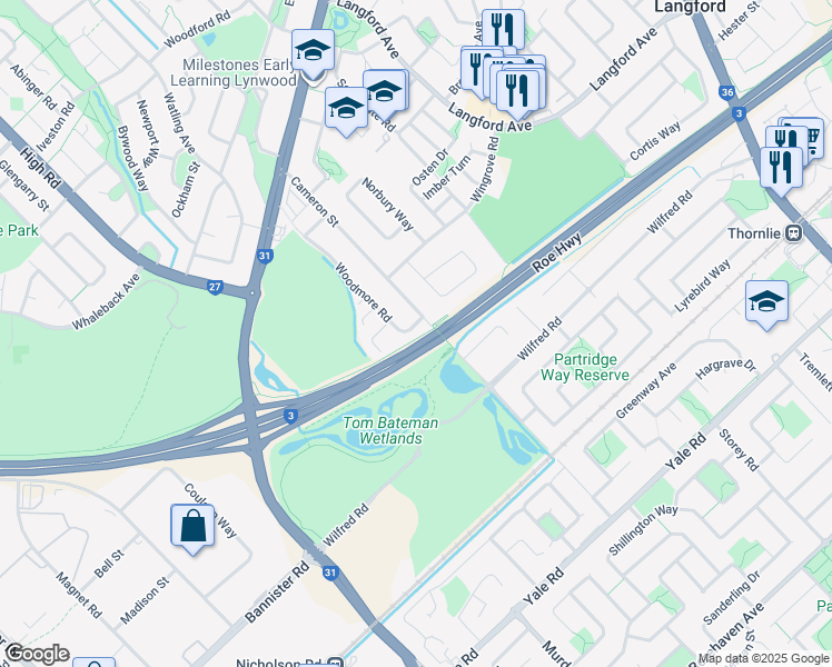 map of restaurants, bars, coffee shops, grocery stores, and more near 63 Woodmore Road in Langford