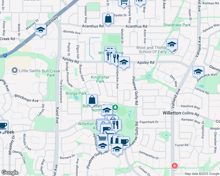 map of restaurants, bars, coffee shops, grocery stores, and more near 5 Hawk Grove in Willetton