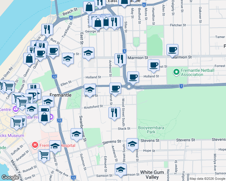 map of restaurants, bars, coffee shops, grocery stores, and more near 14D Amherst Street in Fremantle