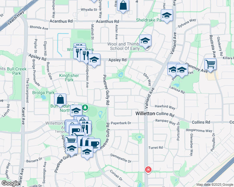 map of restaurants, bars, coffee shops, grocery stores, and more near 10 Silvertop Terrace in Willetton