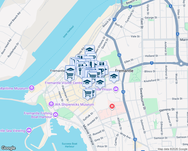 map of restaurants, bars, coffee shops, grocery stores, and more near 1 Ellen Street in Fremantle