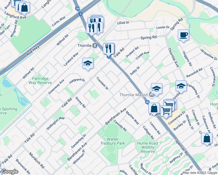 map of restaurants, bars, coffee shops, grocery stores, and more near 2 Lorenzo Street in Thornlie