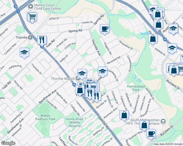 map of restaurants, bars, coffee shops, grocery stores, and more near 15 Melvin Avenue in Thornlie