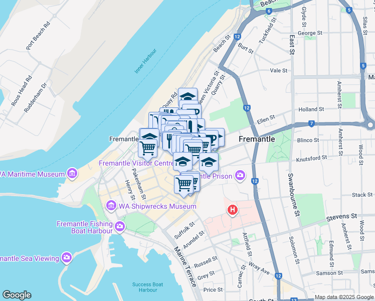 map of restaurants, bars, coffee shops, grocery stores, and more near 23 Adelaide Street in Fremantle