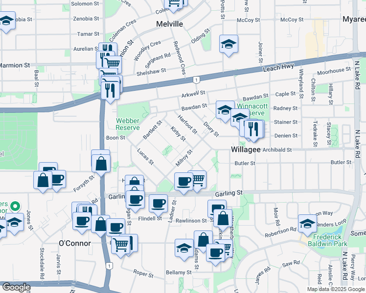 map of restaurants, bars, coffee shops, grocery stores, and more near 5 De Passey Lane in Willagee