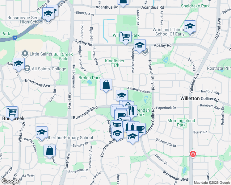 map of restaurants, bars, coffee shops, grocery stores, and more near 6 The Pinnacle in Willetton