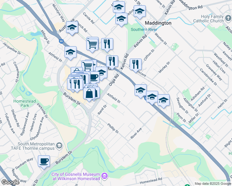 map of restaurants, bars, coffee shops, grocery stores, and more near 100 Attfield Street in Maddington